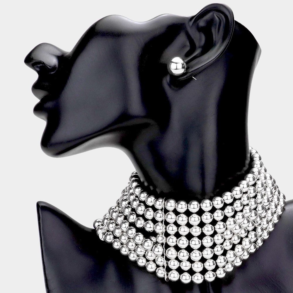 Silver Metal Ball Multi Layered Choker Statement Necklace